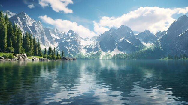 Uma foto de um lago alpino sereno cercado por montanhas