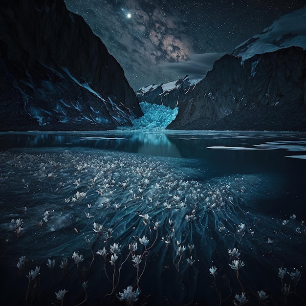 Uma foto de um lago congelado com flores congeladas e as estrelas no céu