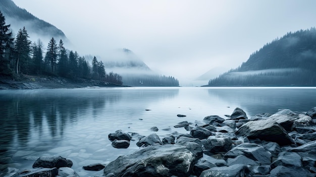Uma foto de um lago de montanha enevoado com neblina