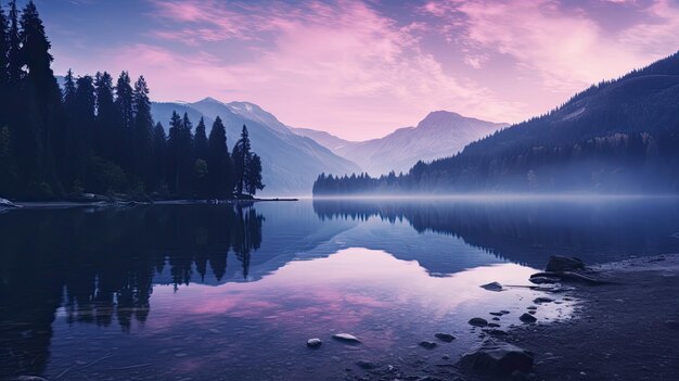 Uma foto de um lago tranquilo cercado por montanhas brilho crepúsculo