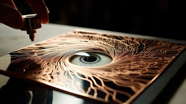 Uma foto de um laser gravando um olho em uma superfície de vidro