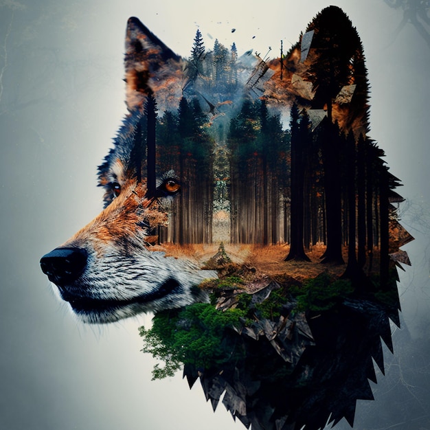 Uma foto de um lobo com uma floresta no rosto