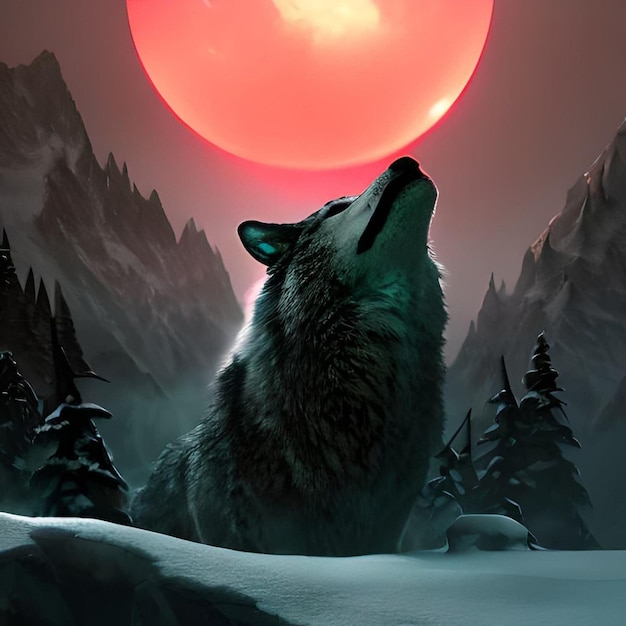 Uma foto de um lobo com uma lua vermelha ao fundo.