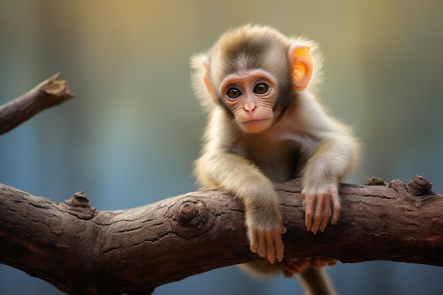 uma foto de um macaco bebê sentado em um galho de árvore