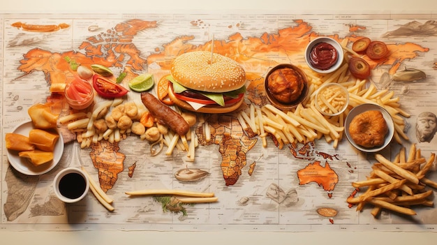 Foto uma foto de um mapa de mochileiros com ilustração de fast food