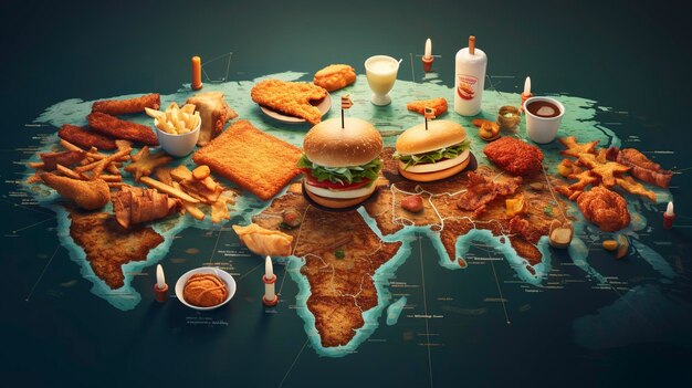 Foto uma foto de um mapa de viajantes com ícones de fast food marcando