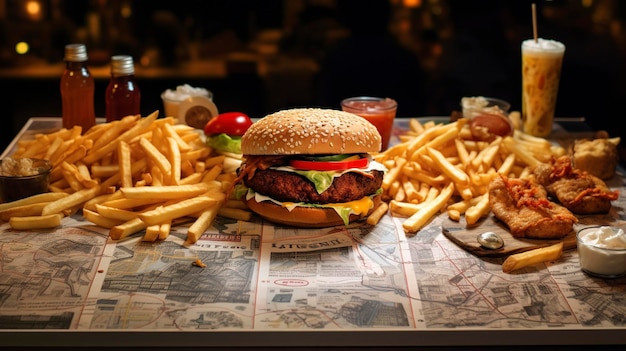 Foto uma foto de um mapa de viajantes com ícones de fast food marcando