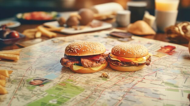 Foto uma foto de um mapa de viajantes com ícones de fast food marcando