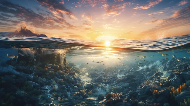 Uma foto de um mar com um pôr do sol e um peixe nadando debaixo d'água.