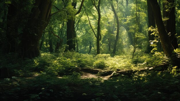 Uma foto de um mato denso com luz solar manchada verdes terrosos e marrons