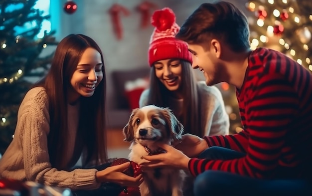 Foto uma foto de um menino e uma menina celebrando o feliz natal com um cachorro bonito