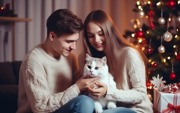 Foto uma foto de um menino e uma menina celebrando o feliz natal com um gato