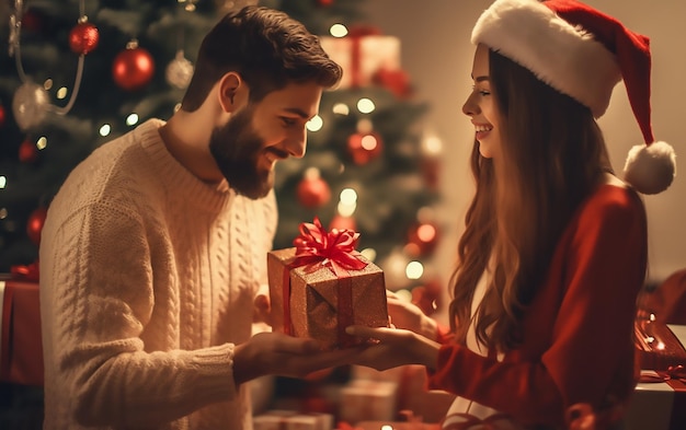 Uma foto de um menino e uma menina celebrando o feliz Natal dando presentes