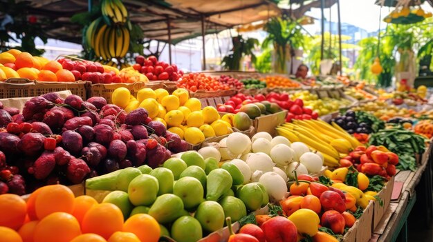Foto uma foto de um mercado de frutas vibrante com produtos coloridos e luz natural do dia