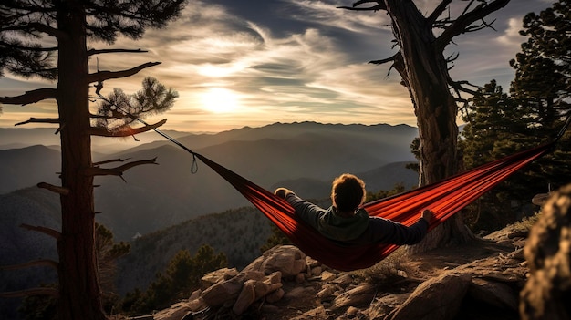 Uma foto de um mochileiro descansando em uma hamaca no deserto