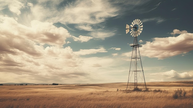 Uma foto de um moinho de vento em um céu nublado de campo