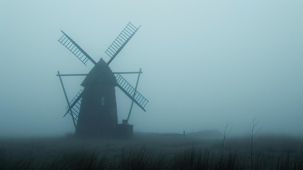 Uma foto de um moinho de vento solitário no nevoeiro Uma paisagem calma e misteriosa Tecnologias de processamento de grãos