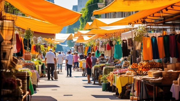 Uma foto de um movimentado mercado ao ar livre com telhados coloridos de fundo