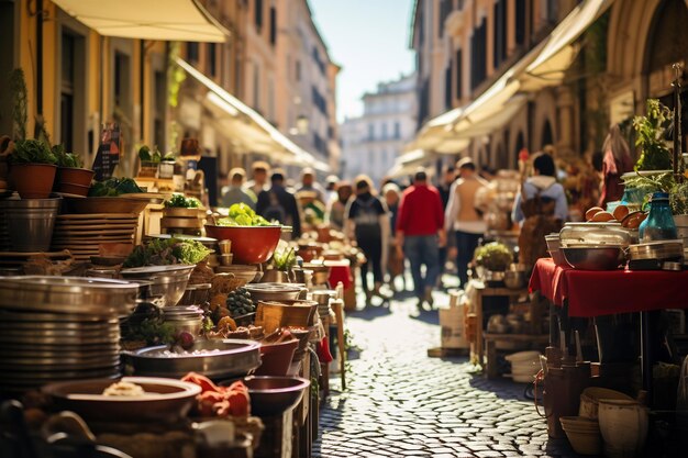 Uma foto de um movimentado mercado de rua em Roma