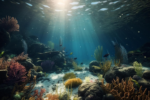 Uma foto de um oceano azul com um peixe nadando debaixo d'água.