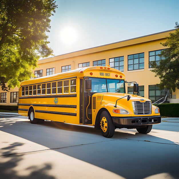 uma foto de um ônibus escolar amarelo na frente de uma escola