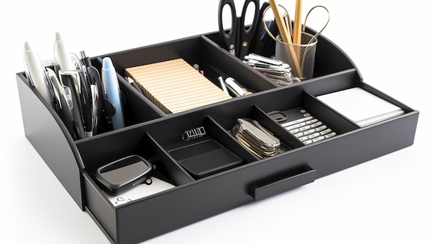 Uma foto de um organizador de mesa funcional com compartimentos para canetas, clipes e anotações