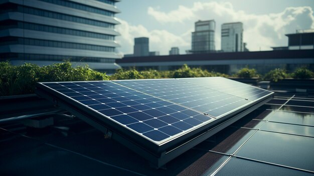 Uma foto de um painel solar no telhado de um edifício verde