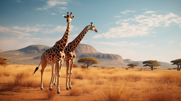 Uma foto de um par de girafas andando graciosamente