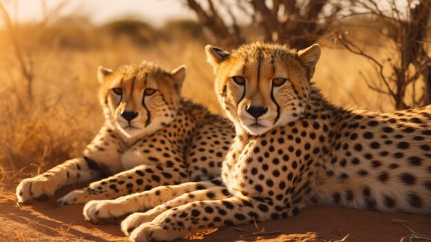 Uma foto de um par de guepardos descansando na sombra