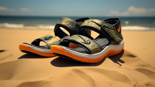 Uma foto de um par de sandálias Nike em uma praia de areia