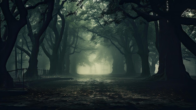 Uma foto de um parque com árvores de cabeça para baixo com fundo nebuloso