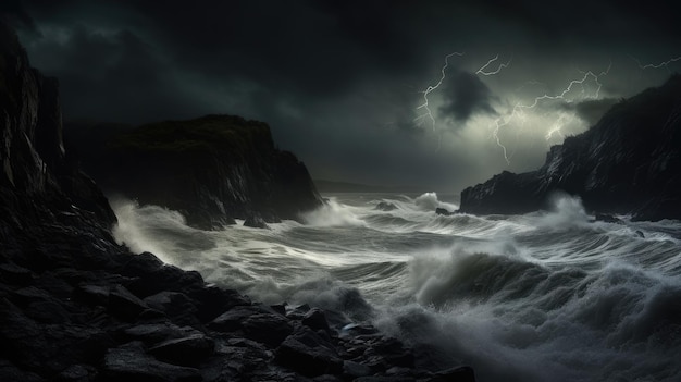 Foto uma foto de um penhasco costeiro com ondas estragadas e céu tempestuoso