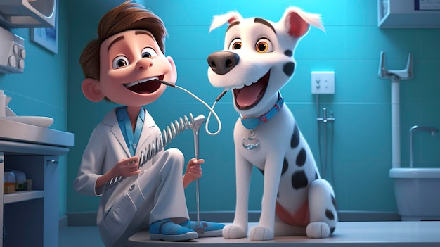 Uma foto de um personagem 3D ajudando na limpeza dentária