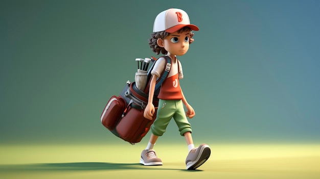Uma foto de um personagem 3D carregando um saco de golfe
