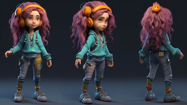 Uma foto de um personagem 3D com cores de cabelo vibrantes