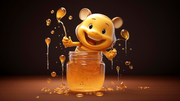 Uma foto de um personagem 3D com um frasco de mel.