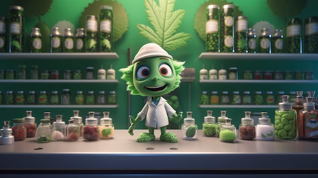 Foto uma foto de um personagem 3d em um dispensário de cannabis