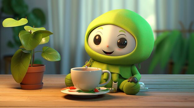 Foto uma foto de um personagem 3d segurando uma chávena de chá de ervas