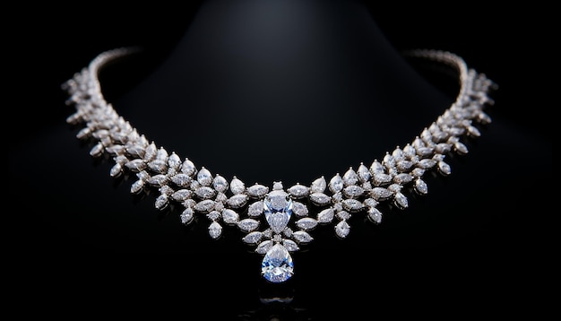Uma foto de um pescoço branco usando um colar de diamantes de luxo