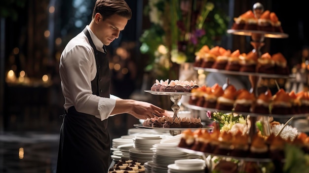 Uma foto de um pessoal de catering montando um bar de sobremesas em uma recepção de casamento