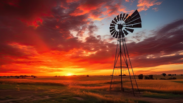 Uma foto de um pintoresco moinho de vento no campo dramático pôr do sol