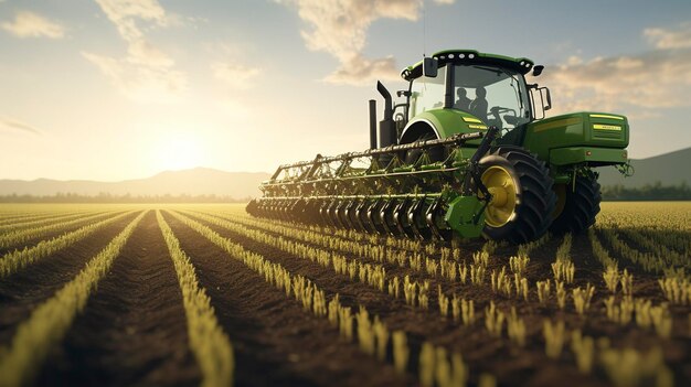 Foto uma foto de um plantador de milho em ação plantando fileiras de milho