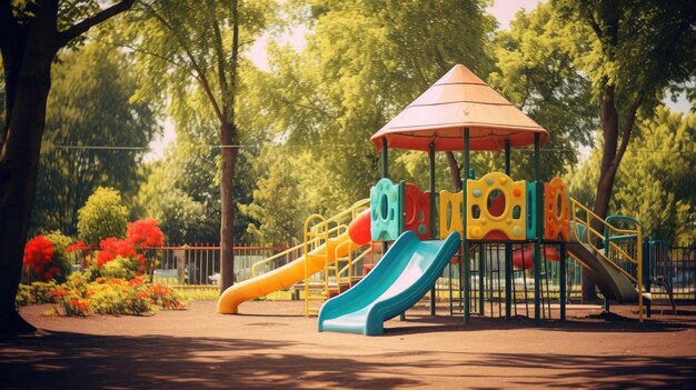 Foto uma foto de um playground colorido em um parque com árvores verdes de fundo