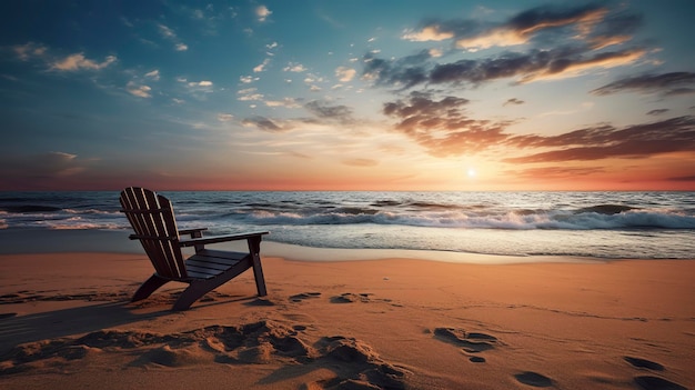 Uma foto de um pôr-do-sol sereno na praia com uma cadeira de praia solitária em primeiro plano