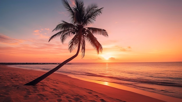 Uma foto de um pôr-do-sol sereno na praia com uma palmeira solitária balançando na brisa suave