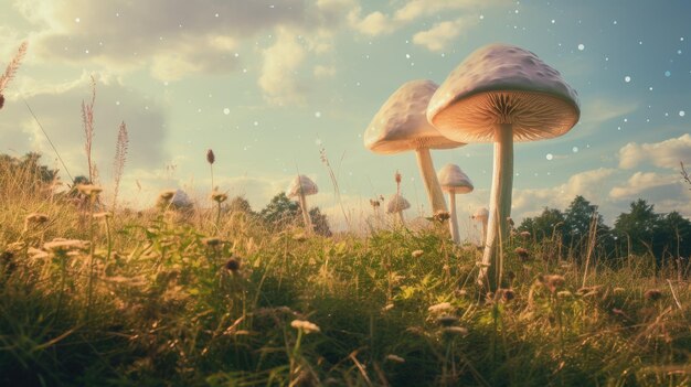 Uma foto de um prado com cogumelos gigantes de cores pastel suaves