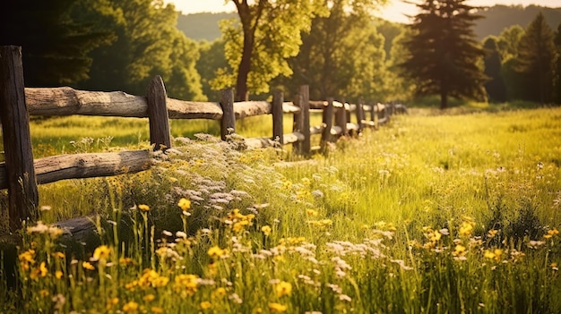 Uma foto de um prado com uma cerca de madeira rústica flores silvestres