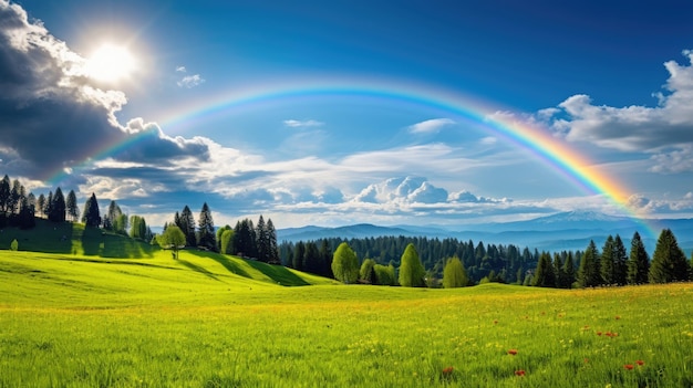 Uma foto de um prado iluminado pelo sol com um arco-íris e um céu azul claro