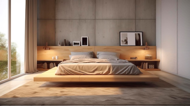 Uma foto de um quarto minimalista com cama de plataforma e linhas limpas