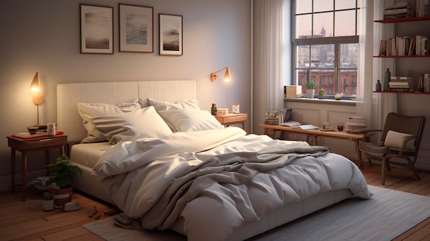 Uma foto de um quarto sereno e bem iluminado com uma cama confortável